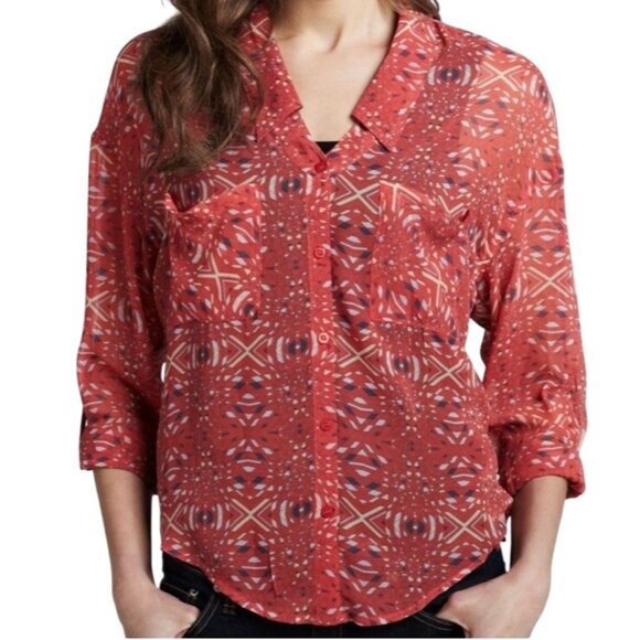 Free People Tops - FREE PEOPLE Chiffon Easy Rider Geometric Womens M Shirt Button Down Blouse Top